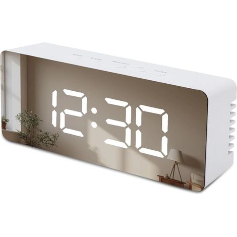 Reloj despertador digital con espejo, luz LED, brillo ajustable, doble alarma, indicador de temperatura, carga USB y reloj de escritorio para viajes. (1/4)