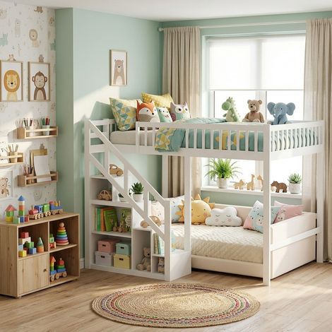 Lit mezzanine 140x200cm,lit Superposé enfant avec rangements intégrés,structure en bois massif, clôture haut, Design moderne pour chambre d'enfant,blanc (1/5)