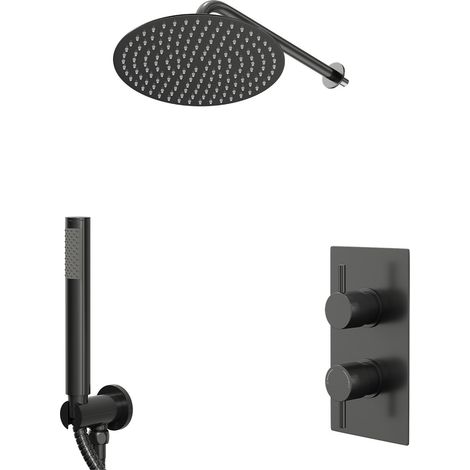 Colore Round Gunmetal Grey Concealed Triple Thermostatic Shower Valve with Diverter and 300mm Fixed Head with 345mm Wall Arm and Outlet Holder with Kit - 2 Outlet