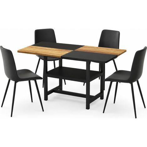 Set tavolo da pranzo rettangolare 160 cm con vano contenitore integrato e 4 sedie nere in PU (1/5)