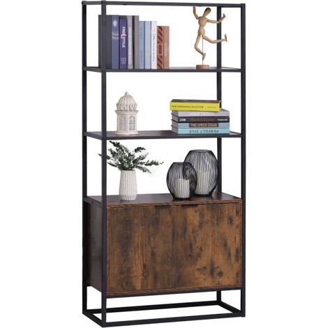 EASYCOMFORT Scaffale Libreria in Stile Vintage con 3 Ripiani, 1 Armadietto in Legno e Telaio in Metallo Nero 76x33x162.5cm