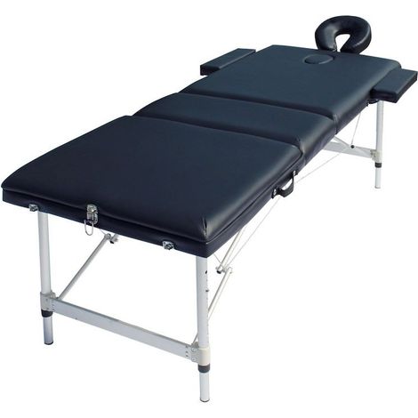 Table de massage pliable en aluminium noir avec réglage de hauteur et accoudoirs.