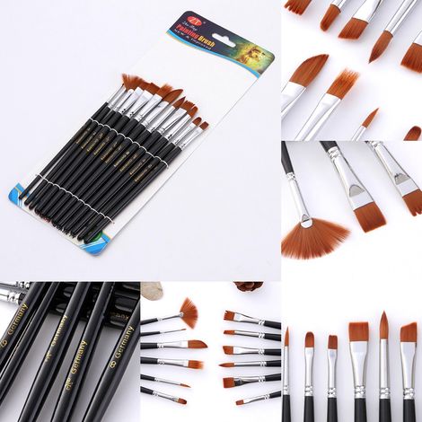 Ensemble de 12 pinceaux à gouache en nylon, manche en bois, pinceaux pour aquarelle et peinture à l'huile, outils de peinture (1/5)