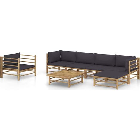 Salon de jardin 7 pcs Ensemble Table et Chaise de Jardin - avec coussins gris foncé Bambou BV494832 - BonneVie (1/5)