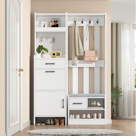 Guardaroba da ingresso 7 in 1 con panca portascarpe, 7 ganci, 2 cassetti, bianco DESVIAE (1/5)