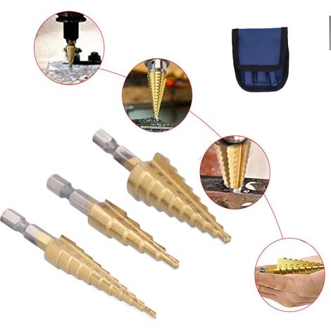 Set mit 3 HSS-Stufenbohrern, Sechskantschaft, gerader Nut, inklusive Aufbewahrungstasche (1/5)