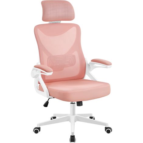 Yaheetech Chaise de Bureau en Maille avec à Haut Dossier avec Accoudoirs Relevables Appui-tête Support Lombaire Assise Réglable en Hauteur Charge Max 150 kg Blanc/Rose (1/5)