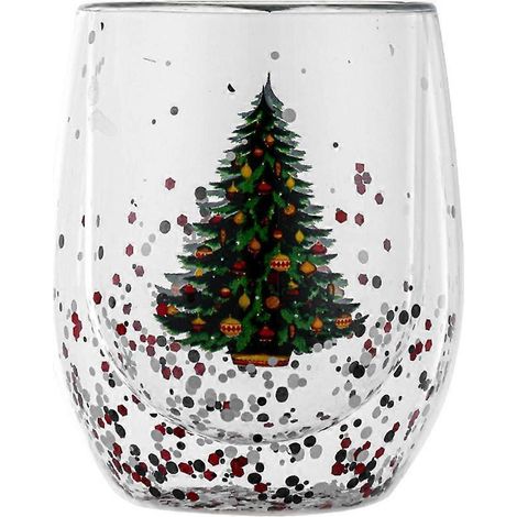 Glitzernder Weihnachtsbaumbecher, transparentes doppelwandiges Glas für Wasser, Milch und Kaffee