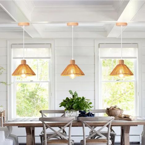 3x Lustre Rétro 22cm,E27 Suspension Luminaire Industriel Abat-jour en Rotin et Bois Plafonnier Vintage pour Salon Chambre (1/5)