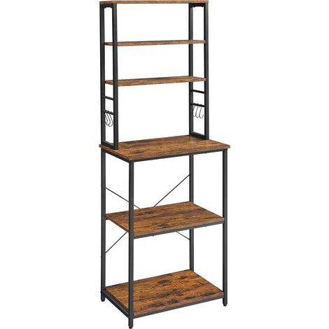 Küchenregal, freistehendes Küchenregal, freistehendes Mikrowellenregal, 6 Ablagen und 6 Haken, für Mikrowelle, Stahlrahmen, Industriedesign, 40 x 60 x 167 cm, Vintage-Braun/Schwarz KKS024B01 (1/5)