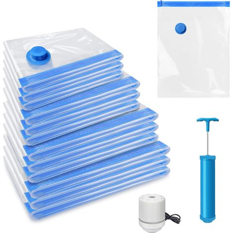 Sac de rangement pour vêtements sous vide, peu encombrant, avec valve scellée, équipé d'une pompe à air manuelle et d'une pompe à air électrique, 12 paquets de sacs d'aspiration réutilisables