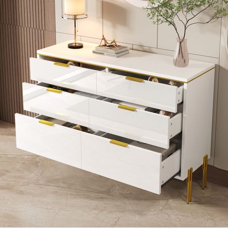 Buffet avec 6 tiroirs, blanc et doré, façades brillantes, 120 x 40 x 85,5 cm DESVIAE (1/5)