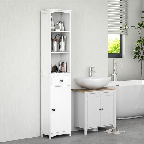 Badmöbel Hochschrank klassisch in Weiß aus Holz mit 1 Tür, 1 Schublade und 3 Regalen, 34 x 24 x 170,5 cm (1/5)