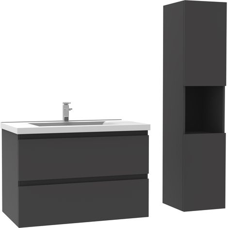 Ocean Ensemble meuble Salle de Bain simple vasque décor Anthracite 50cm+ vasque + colonne
