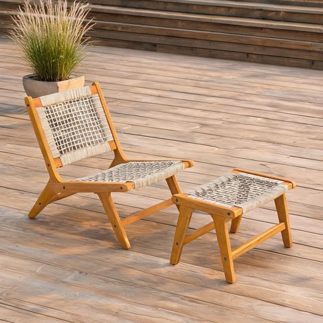 Fauteuil beige en bois d'acacia PP-Rattan 83 x 60 x 73,5 cm (1/5)