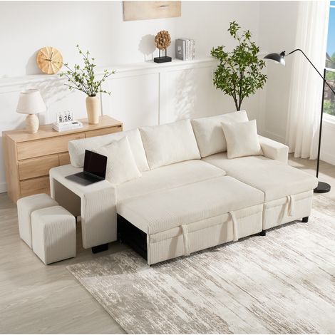 Sofá cama esquinero (231x131.5x84 cm), convertible, con almacenamiento oculto, USB y tipo C, tejido de pana beige (1/5)