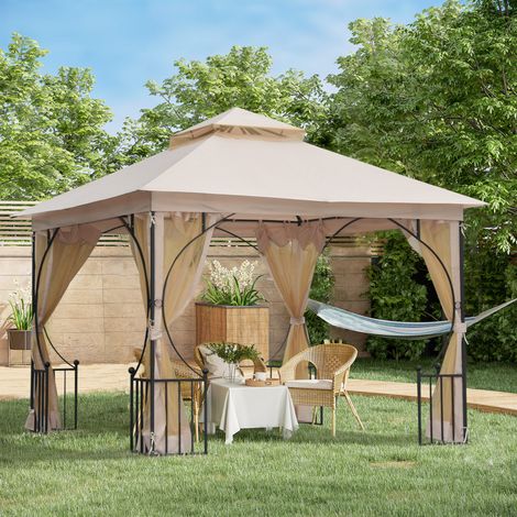 Pavillon de jardin 3x3m, tonnelle imperméable avec fixations incluses, résistante aux intempéries, dimensions 295x295x275 cm, beige et noir. (1/5)