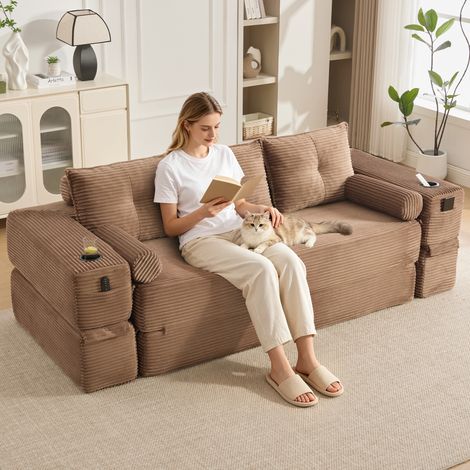 Canapé convertible velours côtelé 3 places, mousse dense à ressorts, stable et moelleux. Compartiments de stockage, porte-verres, oreillers ergonomiques et 2 coussins déco. Livré compact, assemblage f (1/5)