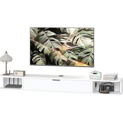 Meuble Télé Mural Flottant 140 cm TV 60 Pouces, Niche et Tiroir, Salon, Teinte Blanc, pour la Maison et l'Intérieur (1/5)