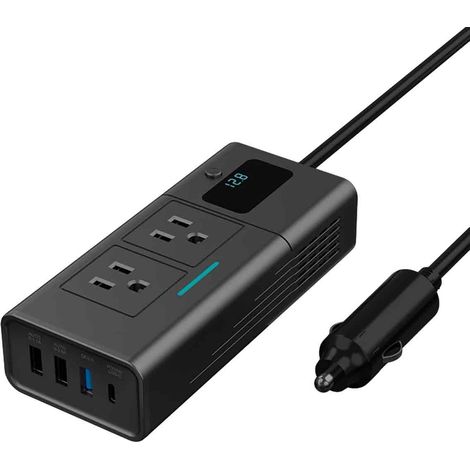 200-W-Kfz-Wechselrichter mit US-Standardstecker: 12-V-auf-110-V-Stromwandler mit USB QC3.0- und PD-Schnellladefunktion für unterwegs
