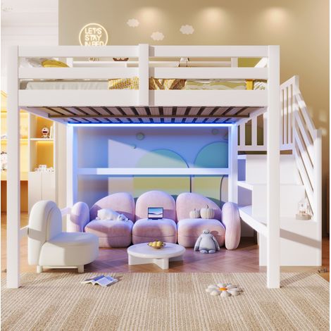 Letto a soppalco per bambini 140 x 200 cm con LED, scala con contenitori, bianco HAVRYA (1/5)