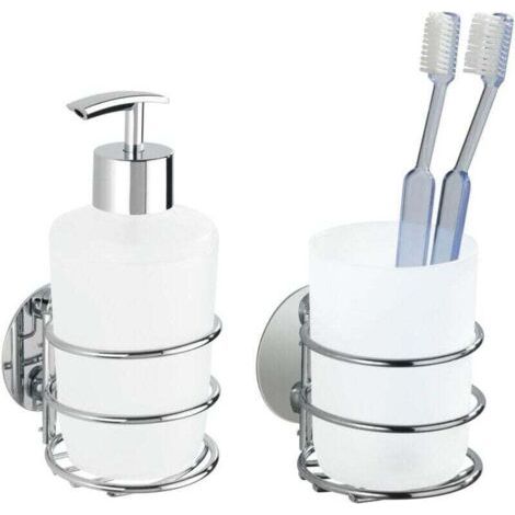 QORVA-Distributeur de savon  Turbo-Loc chrome blanc 7,5 cm accessoires salle de bain porte-brosse à dents mural fixation sans perçage support mural salle de bain porte-gobelet salle de bain turbo-loc