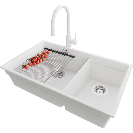 PRIMAGRAN Evier Cuisine en Granit 76x47cm, Lavabo 2 bacs + Kit de Vidage + Accessoire, Évier à Encastrer au meuble 80cm - Prague Slim Duo, Blanc
