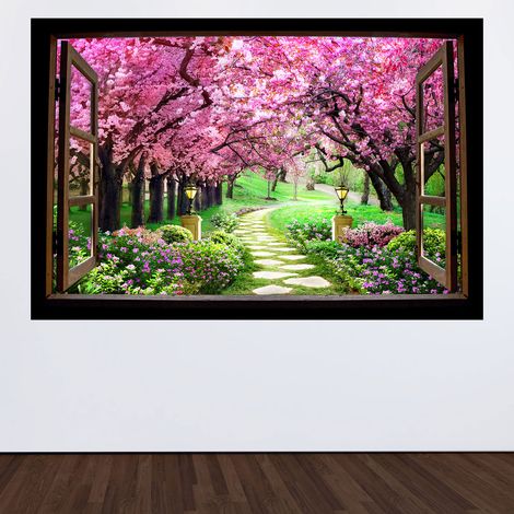 Stickers Trompe l'oeil fenêtre en bois - Chemin arbres feuilles roses - 90 x 135 cm (1/3)