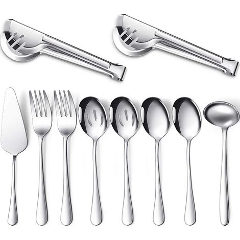10 Pièces Ensemble Couverts de Service, Acier Inoxydable D'ustensiles de Service Inclus Grande Cuillère Écumoire Fourchette Pince Soupe Pelle à Tarte -Cadeau de Noël pour Mère L'épouse (Argent) (1/5)