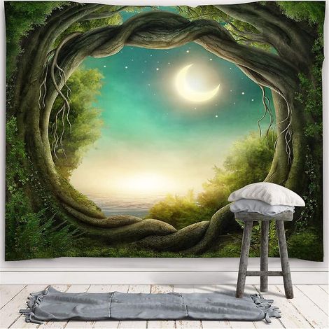 Tapisserie murale décorative représentant un paysage d'arbres verts, 150 x 130 cm (1/5)