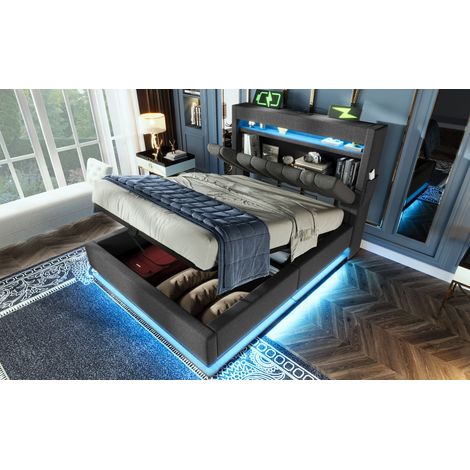 Lit rembourré simple 90x200 cm, tête de lit de rangement avec ports USB et Type-C, éclairage LED à la tête et au pied du lit, avec rangement hydraulique, gris, lin. (Sans matelas) (1/5)