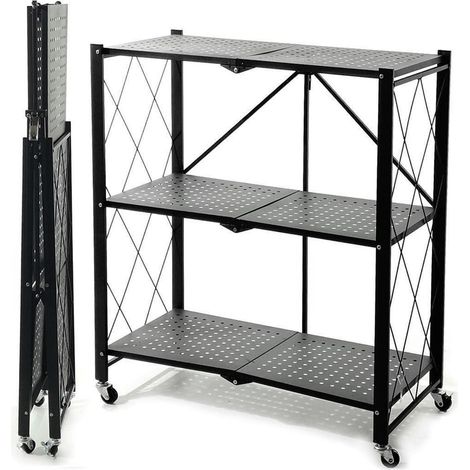 TrAdE Shop Traesio - Scaffale Multiuso Libreria Pieghevole Con 3 Ripiani Ruote In Acciaio Verniciato Nero - (1/5)