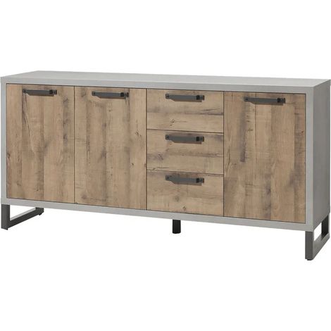 Buffet 184 cm 3 portes 3 tiroirs décor bois vieilli et gris - BROOKLYN (1/4)