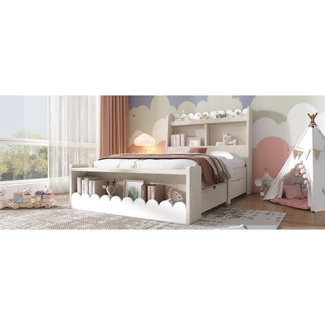 Einzelbett mit Schubladen, Regal und Sitzbank – 90 x 190 cm, Weiß und Eiche (1/5)