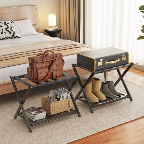Lot de 2 porte-bagages en bambou pour chambre d'amis, 68 cm, pliable, large, avec étagère de rangement, support de bagage épais pour chambre à coucher, hôtel, porte-bagages pour valises (1/5)