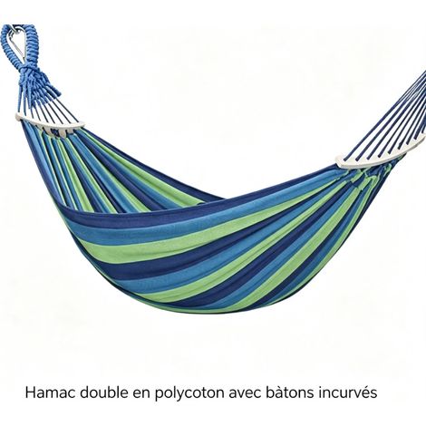 Hamac double à rayures bleues en polycoton 260x150cm avec bâtons incurvés anti-basculement, balançoire de plein air pour jardin et camping (1/4)