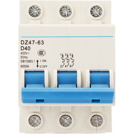 Disjoncteur tripolaire (MCB) pour montage sur rail DIN, pouvoir de coupure de 6000 A, 400 V, 40 A, pour usage domestique ou bureau. (1/5)