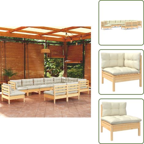 Salon de jardin 10 pcs avec coussins crème bois de pin massif - Salon De Jardin - Mobilier De Jardin - Ensemble Salon De Patio - Ameublement Exterieur - Chaise Longue (1/5)