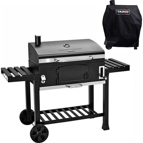 Fumoir barbecue charbon de bois TAINO HERO XXL – 142x46x111 cm – 2 tables pliables – Thermomètre intégré – Bac à charbon amovible
