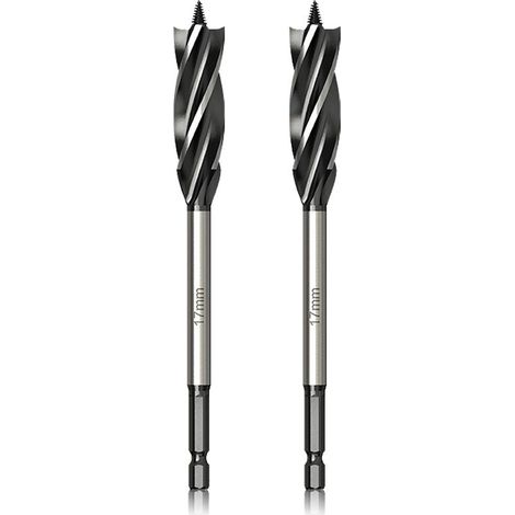 Foret à bois professionnel, 17 mm x 165 mm x 2 pièces, foret hélicoïdal avec pointe de centrage autopropulsée, foret à queue hexagonale de 6,35 mm (1/4 pouce) pour le travail du bois