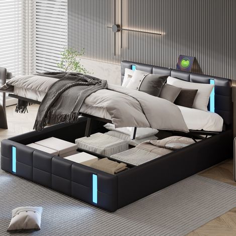 Doppeltes Polsterbett 160x200 cm, hydraulisches Boxspringbett mit Lichtleiste aus mattierter Acrylplatte, mit zwei USB-Anschlüssen, PU, Stauraum, Lattenrost – Schwarz