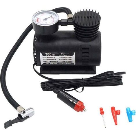 Pompe À Air Portable - 12 V - Manomètre Intégré - Pour Pneus Voiture Moto Vélo Et Articles Gonflables - 300 PSI - 25 L/min - Câble 3 M - Tube 50 Cm (1/4)
