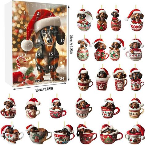 Calendrier de l'Avent de Noël avec teckel - Calendrier de compte à rebours avec chien rigolo et crochet - Calendrier de l'Avent avec 24 jours de Noël - Décoration de sapin de Noël pour cadeaux de Noël (1/5)