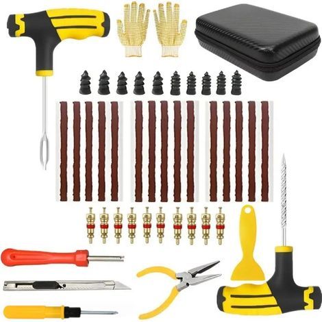 Kit de réparation d'urgence pour pneus de voiture (45 pièces) pour voitures, motos, véhicules électriques et pneus sans chambre à air. (1/5)
