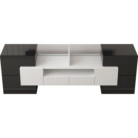 TV-Lowboard 145 cm mit LED, Hochglanzweiß und Glasoberfläche, MDF HOMVRA (1/5)