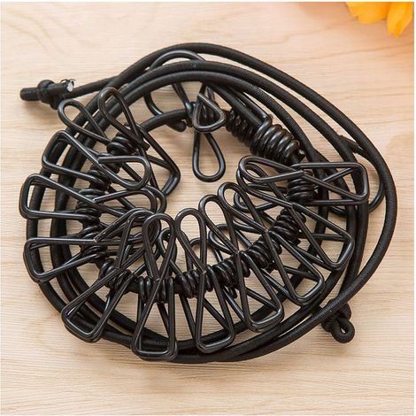 2X - 175 cm par ligne - Corde à linge de camping avec bande élastique réfléchissante - Corde à linge avec 12 pinces métalliques chacune (Noir/Noir) (1/4)