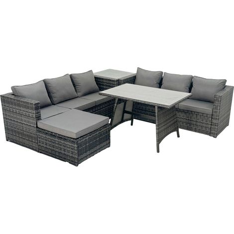 Fimous Rattan Dining Table Sofa Set with Side Table 2 Big Footstools Outdoor Garden Furniture Set Dark Grey Mixed (1/5)
