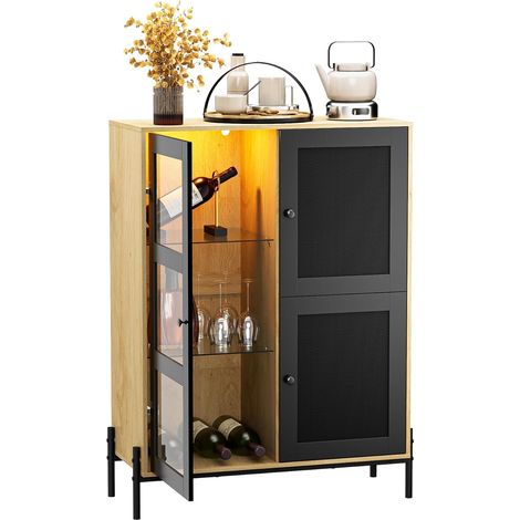 UEV Buffet Rangement Multifonctionnel à Vin, Meuble de Bar à Vin Industriel avec 2 Porte-Verres, Lumière d'ambiance LED, Design en Rotin, pour Salon, Cuisine, Bar, 80x35x107,5cm, Noir et Naturel (1/5)