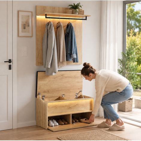 MODFU – Ensemble vestiaire mural 90x47x145 cm MDF/panneaux particules – Banc à chaussures et LED – Tringle 30 kg et 4 compartiments – Entrée – Chêne (1/5)