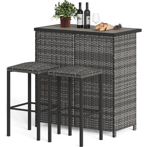 Table de bar jardin avec 2 tabourets,Ensemble Table mange debout rotin 3 pièces extérieur avec 2 étagère de rangement,Pieds en Acier,Ensemble Salon de Jardin avec 2 chaises pour Cour,Balcon,Piscine (1/5)